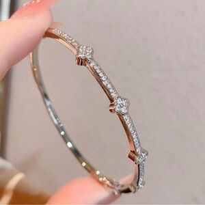 Silver Pave Flower Bangle Bracelet - Women Jewelry